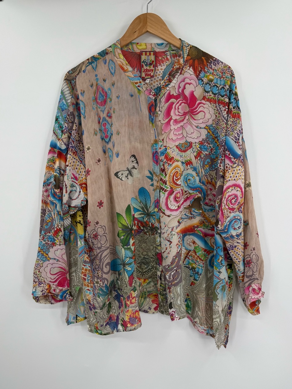 Johnny Was Cupro Mixed Floral Button Down Oversized Blouse | Multicolor | L
